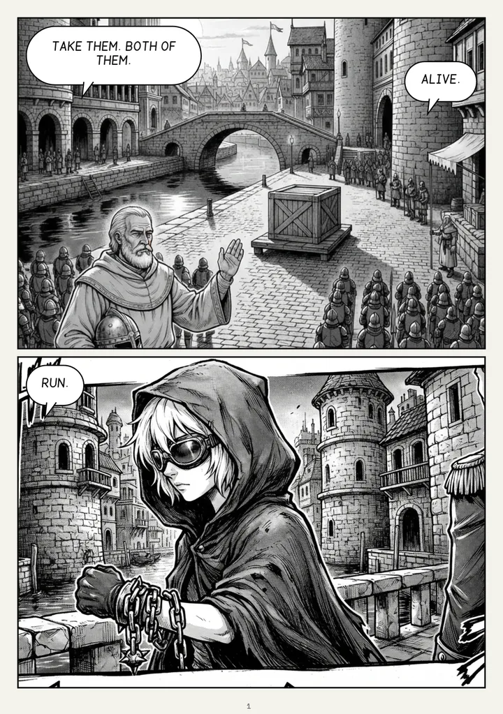 Page 1 of 18. Panel 1: Straight on from chapter 1: the silent square, the half sun low behind the bell tower. The WARDEN CAPTAIN lifts his free hand. Every grey helmet turns toward the crate. Warden captain says: "Take them. Both of them." Warden captain says: "Alive." Panel 2: Vela, goggles back down, not looking at the captain at all. Vela says: "Run."