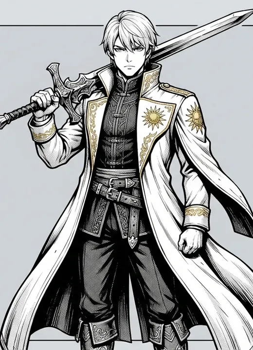 Corvin, in a white-and-gold coat with a greatsword over his shoulder
