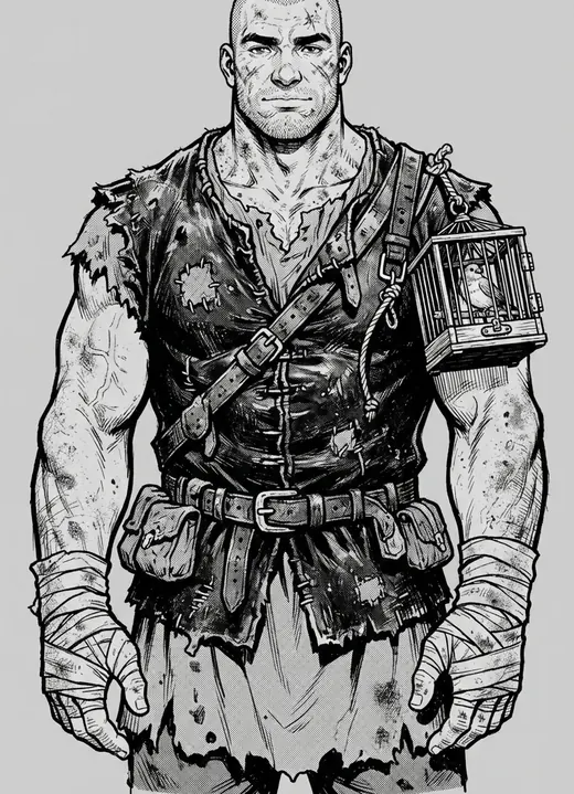 Gorm, a huge shaved-headed man in a torn vest with a tiny caged finch at his shoulder