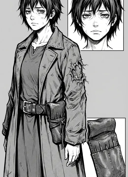 Sefa, a tired field medic in a long coat with a pouch of needles at her belt