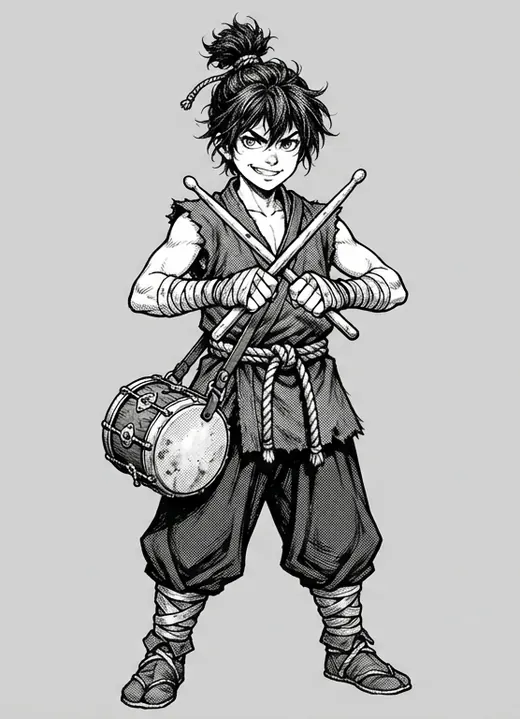 Tam, a wiry boy with a topknot, crossing two drumsticks, a small drum at his hip