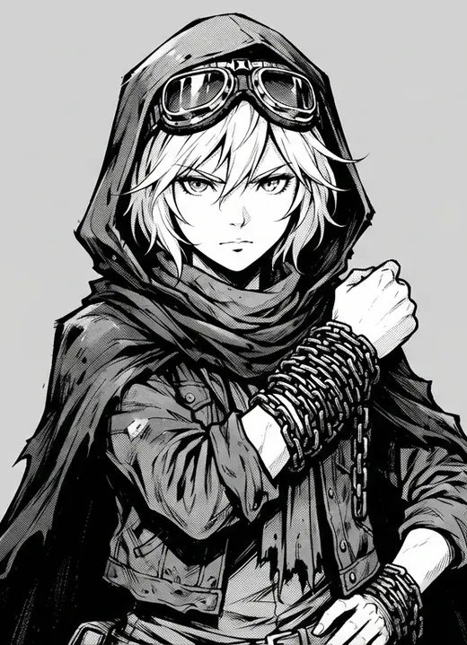 Vela, in a hooded cloak and smoked-glass goggles, a chain wrapped round her forearm